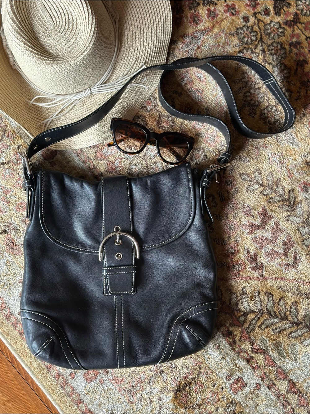 Coach Black Leather Shoulder Bag with Silver Buckle